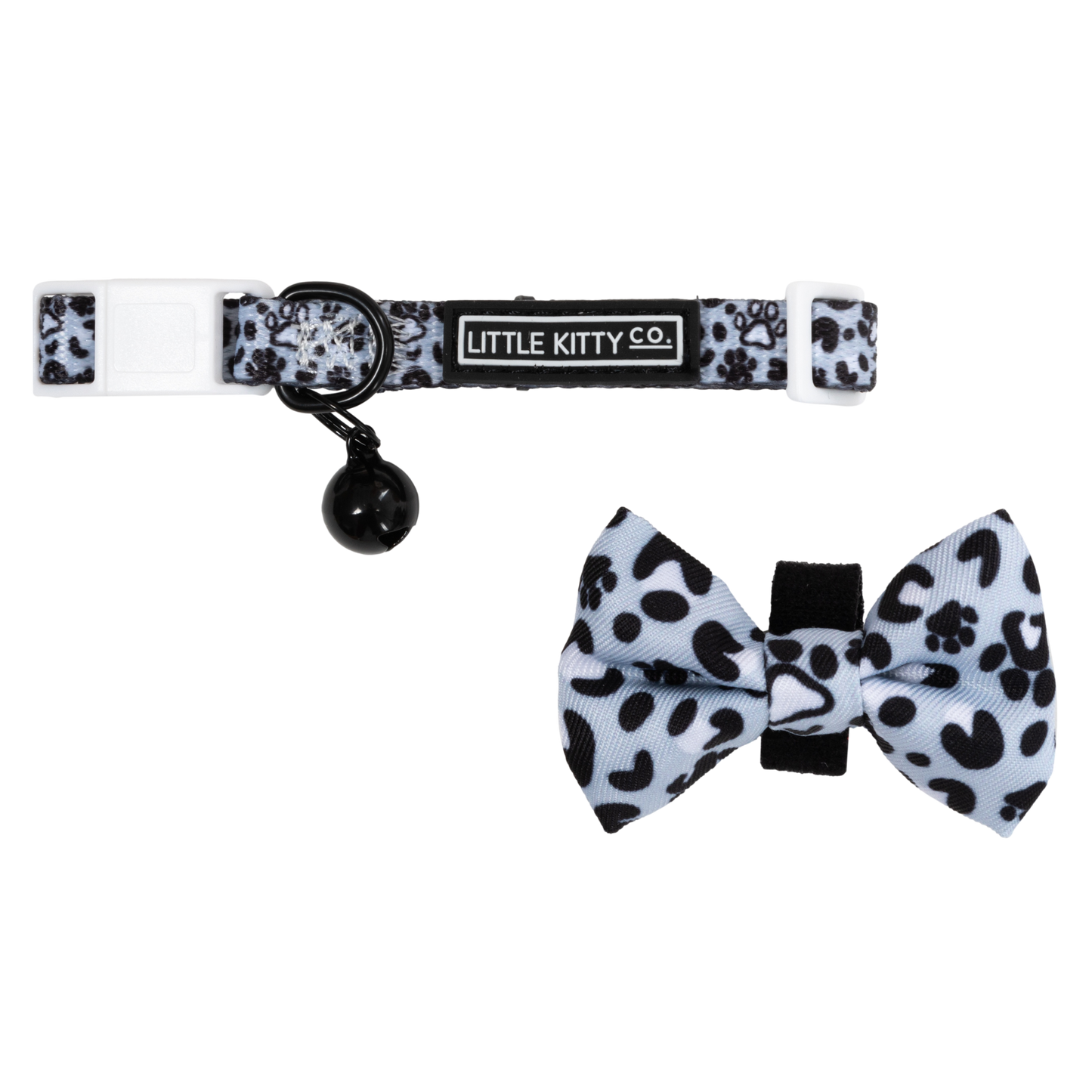 Cat Collar and Bow Tie Wild Paws Grey Black White Paw Prints Leopard Print
