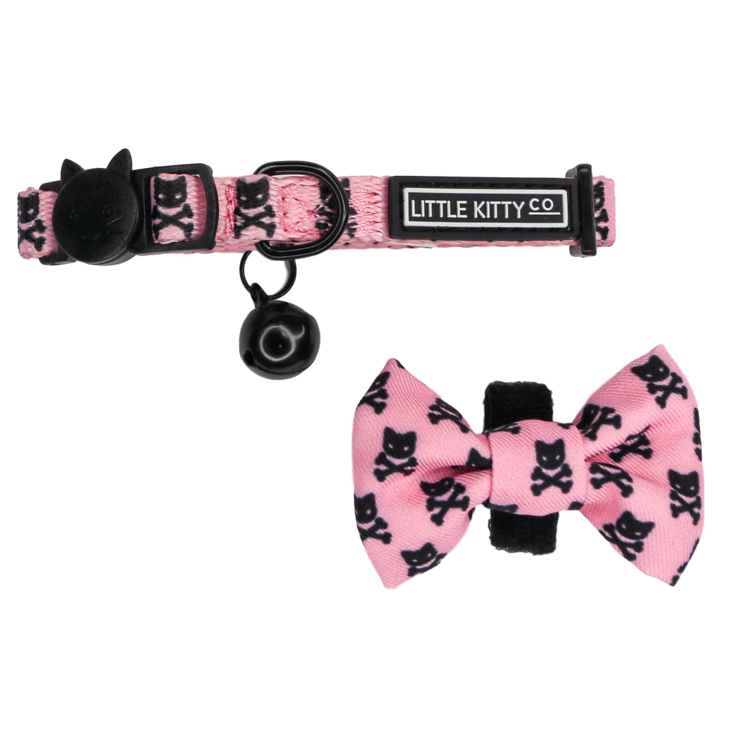 Cat Collar with Bow Tie and Black Bell Prettiest of them All Pink Cat Skulls